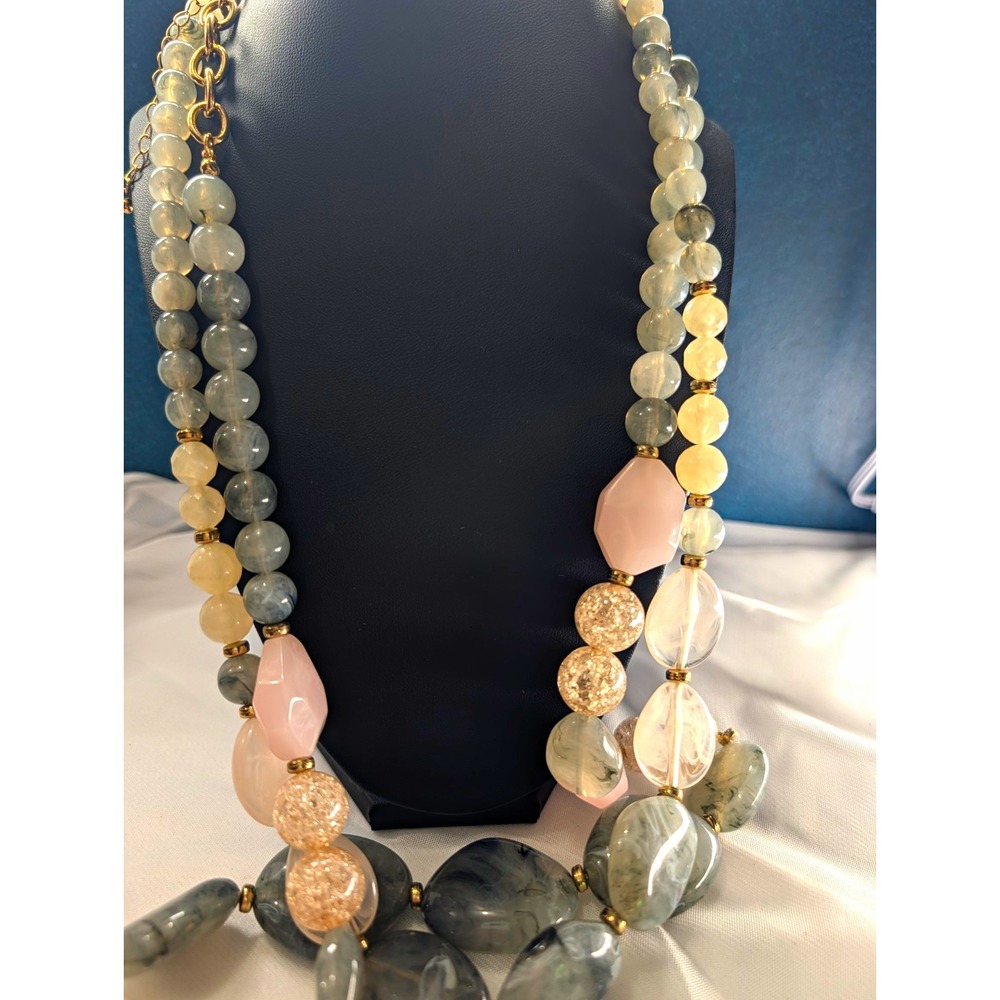 Multi Strand Chunky Beaded Necklace Pastel Pink Grey Gold Tone Statement